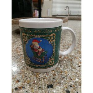 LUSTRE FAME SANTA CLAUS SLEIGH GLASS CUP CHRISTMAS LIST GREEN W/ GOLD FILIGREE